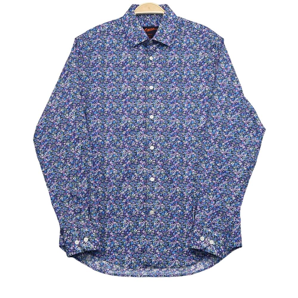 Egara Men's Floral Dress Shirt 15.5 Slim Fit Stretch Cotton Long Sleeve Blue